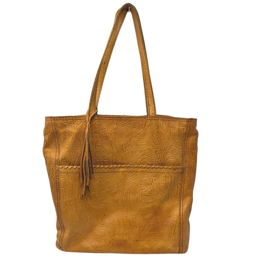 Margot New York Leather‎ Tote Bag Floral Embossed Tassel Accent Tan Purse